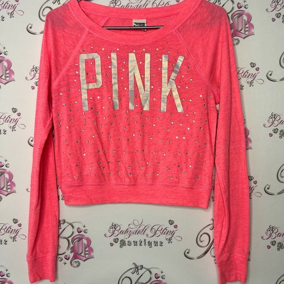 Victoria secret pink rhinestone bling pullover long sleeve neon pink silver y2k